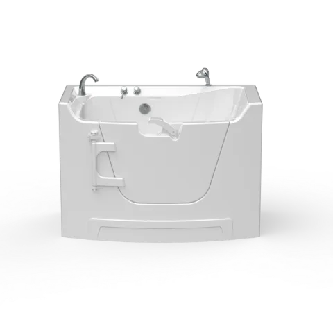 Wheelchair transfer walk-in tub with its outward-swinging door closed, seen from the front